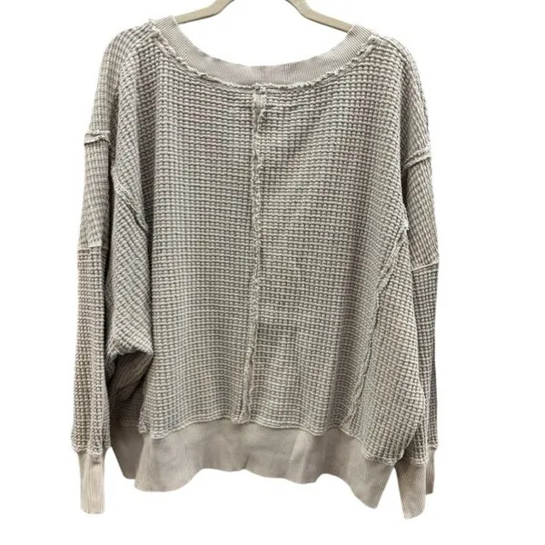 American Eagle Waffle Knit Thermal V-Neck‎ Oversized Sweater Tan Beige Small - Image 2