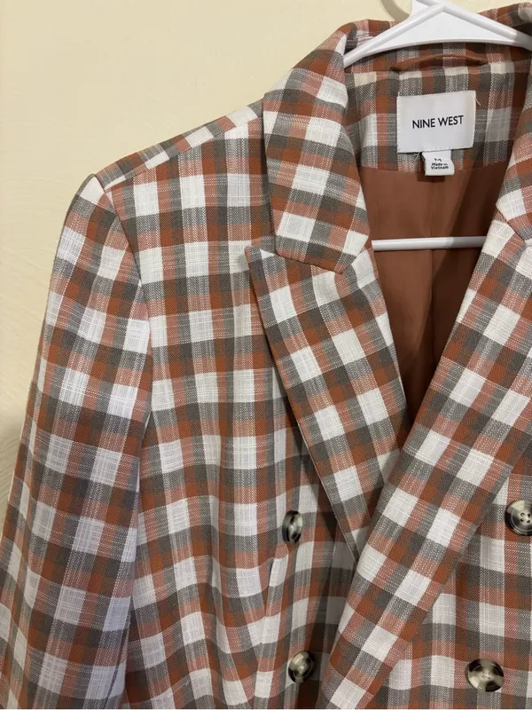 Nine West Plaid Double Breasted Blazer Brown Check Jacket M - Image 6
