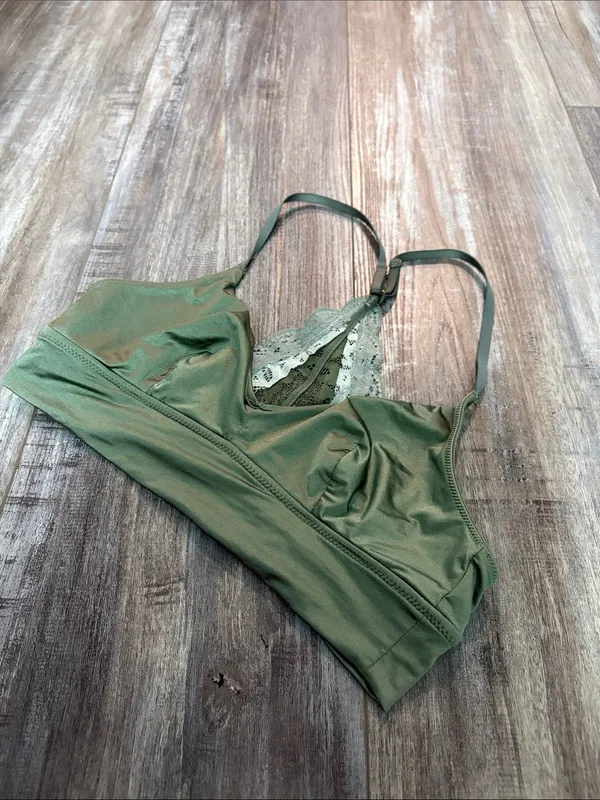 Aerie Olive Satin Bralette with Lace Detail - Image 2