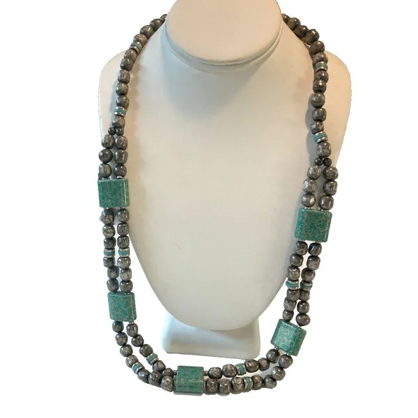 Vintage Japan Silver Tone & Teal 2 Strand Beaded 30'' Necklace Unique‎ 1960s - Image 2