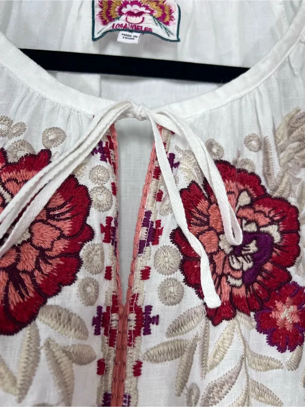 Johnny Was White Embroidered Floral Peasant linen Maya Blouse xl FLAWED - Image 7