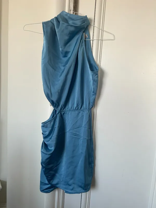 NWT Hello Molly BLUE High Neck/Cowl Dress With Slit Opening (Goddess Lines Satin Mini Dress Blue) - Image 7