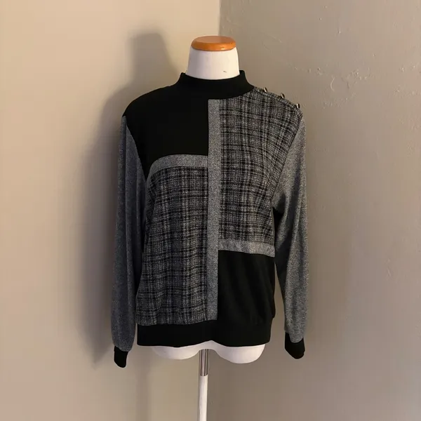 Vintage Alfred Dunner Mock Neck Patchwork‎ Plaid Sweater Shoulder Pads Medium - Image 2