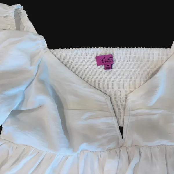 Mi Ami White Puff Sleeve Babydoll Top Smocked Blouse - Size M - Image 3