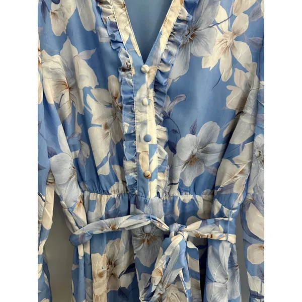 Joie‎ Blue Floral Chiffon Ruffle V-Neck Mini Dress Long Sleeve Large Coquette - Image 4