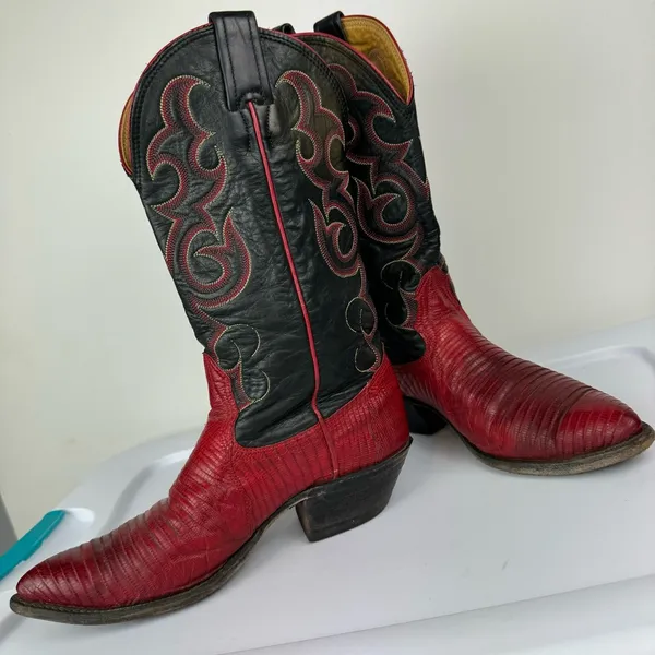 Vtg Nocona Red Black Lizard Leather Westerm Cowgirl Boots Sz 7B - Image 8