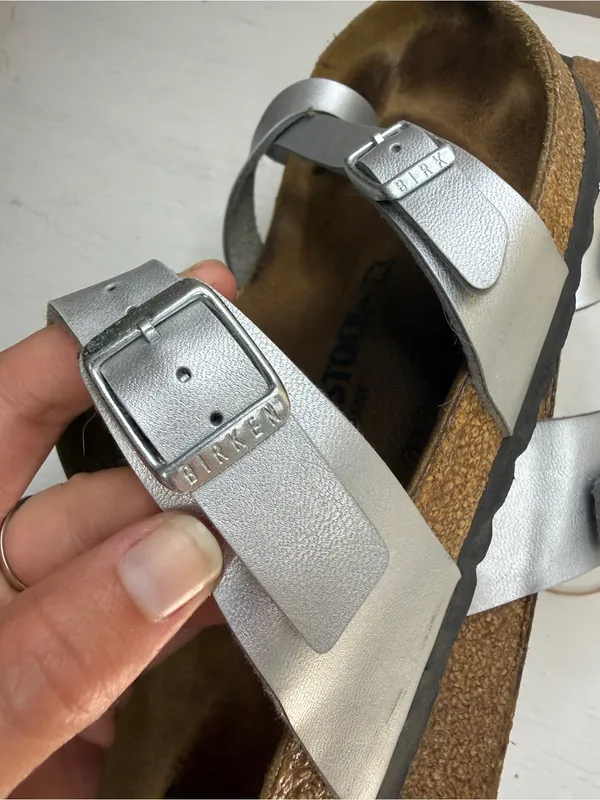 Birkenstock Mayari Metallic Silver Slide German Cork Footbed Sz 10-10.5 - Image 7