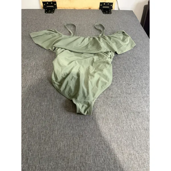 Pink Blush Olive Green Off Shoulder Ruffle Maternity Swimsuit Women's Sz M - Image 4