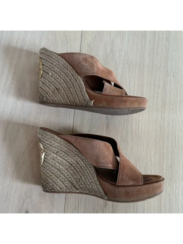 Tory Burch Wedges Shoes High Heels Brown And Gold Size 7.5 - Image 4