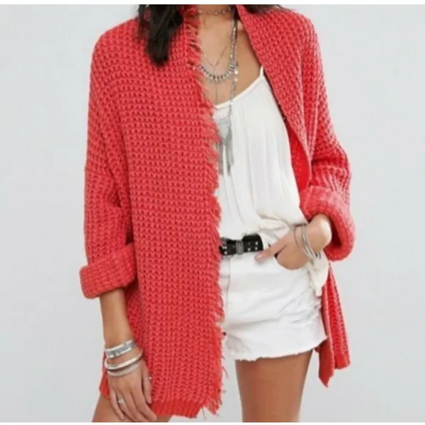 Free‎ People I'll Be Around Silk Cotton Waffle Fringe Sweater Oversized Small - Image 3