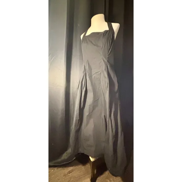 Black Halter Maxi Dress Square Neck Pleated‎ A-Line Gown with Pockets - Image 7