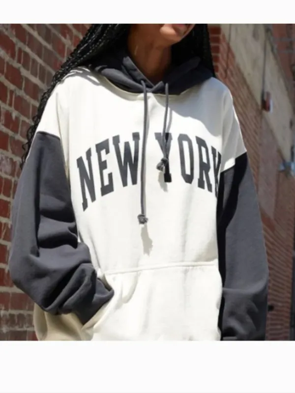 John Galt Brandy Melville Women's One Size Hoodie New York White Gray Raglan - Image 2