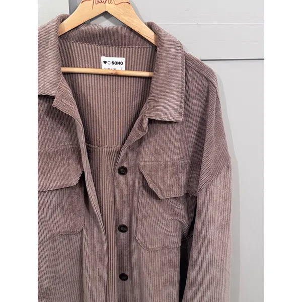 CISONO Mauve Brown Corduroy Shacket Oversized Button Down Shirt Jacket Large - Image 2