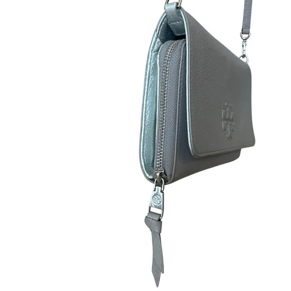 Tory Burch McGraw‎ WOC Crossbody Gray Heron Pebbled Leather Wallet - Image 3