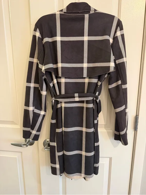 Solitaire Black & Cream Plaid Belted Trench Coat - Image 5