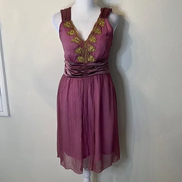 Star Model size small purple mini dress with gold accents and satin ribbon GUC - Image 2
