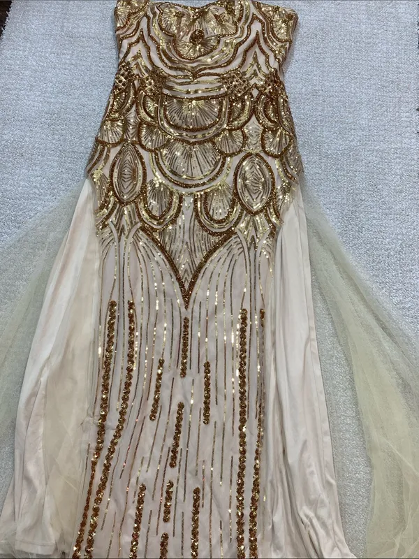 Strapless Gold Sequin Evening Column Dress Size L - Image 9