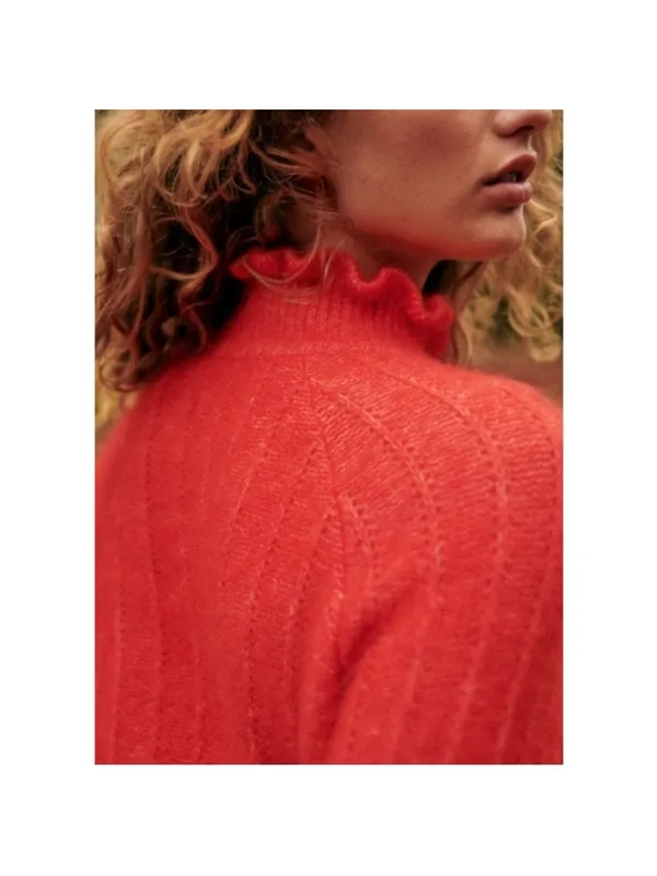 SEZANE Bright Red Mohair Merino Wool Knit Ruffle High Neck Sweater Loris Jumper - Image 6