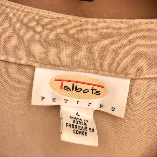 Talbots Linen Blend Button Front V Neck sleeveless Dress‎ Tan 4 Petite - Image 3