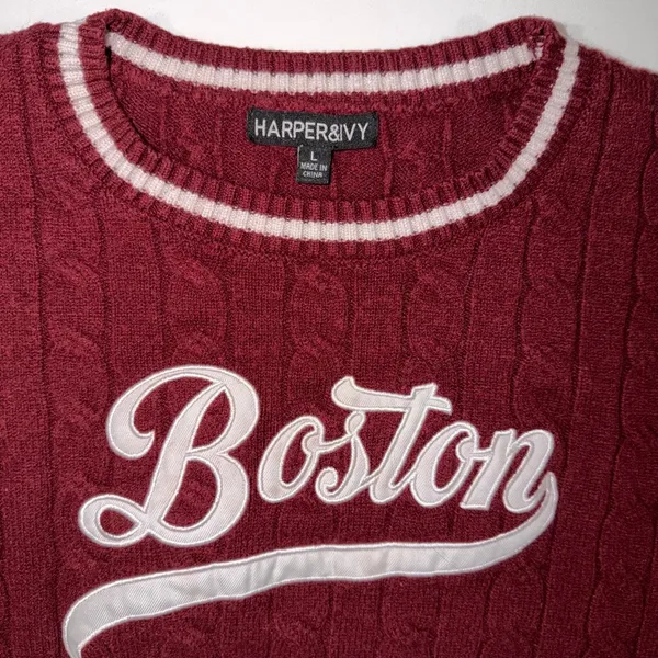 Harper & Ivy Boston Cable Knit Sweater Large Maroon Varsity Preppy Cropped Retro - Image 3