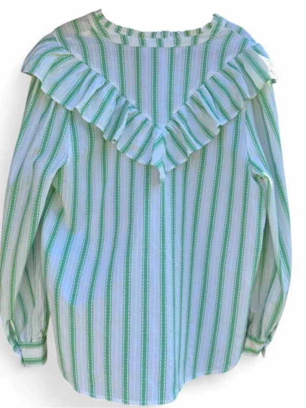 LOFT Green and White Striped Ruffle Collar Blouse - Image 2