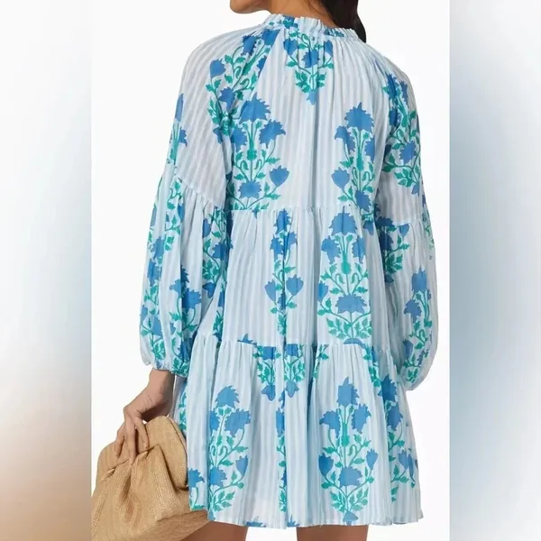 💃🏻Oliphant Blue Floral Balloon Sleeve Dress XS NWT Striped Boho‎ Resort Mini👗 - Image 2
