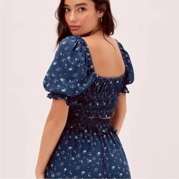 For Love And Lemons Lola Pointelle Blue Floral Coquette Puff Sleeves Crop Top XS - Image 2