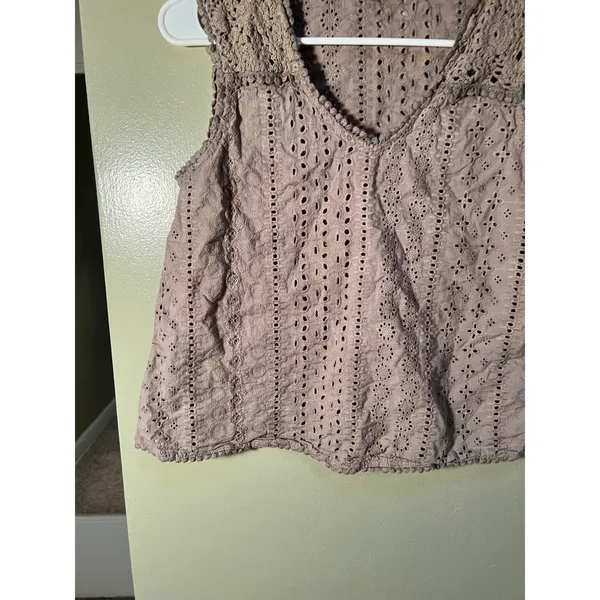 Joie Womens Size Small Eyelet Lace Sleeveless Top Light Brown V-Neck Boxy Cotton - Image 5