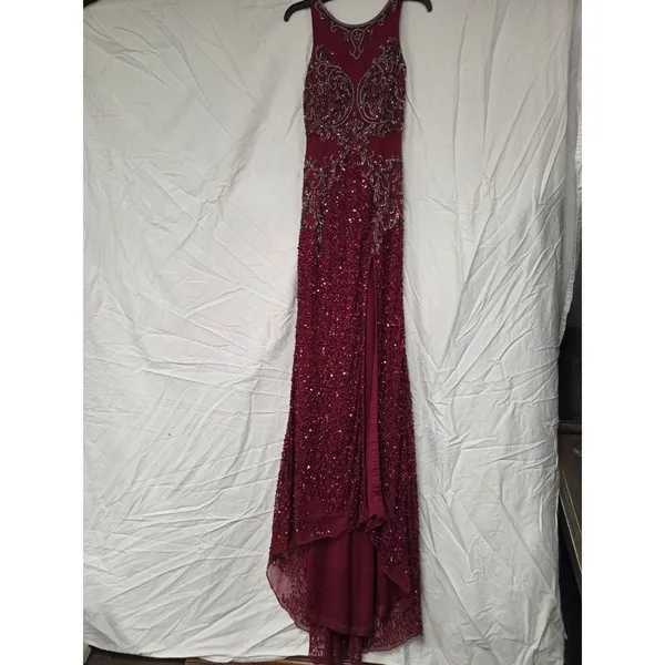 Zasa Chic by Karishma Creations Long Dark Red Hand Beaded Slit Pageant Dress 4 - Image 2