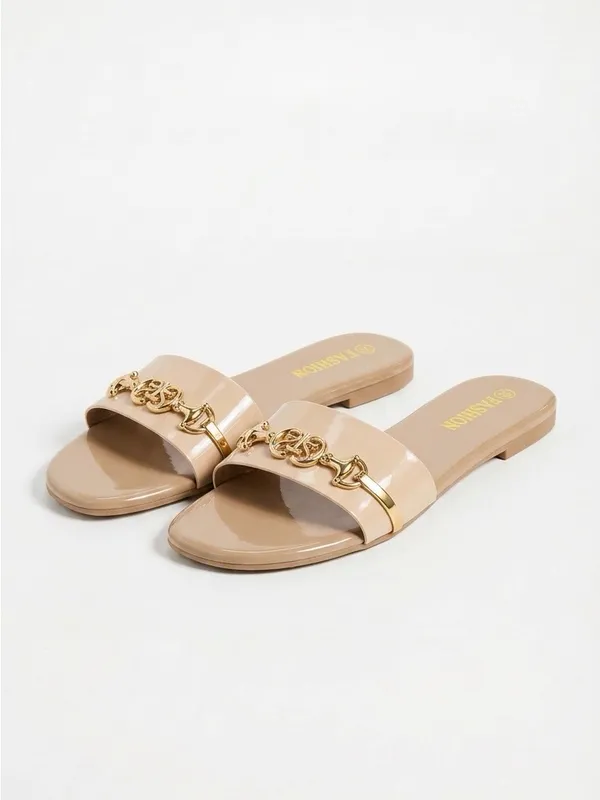 Women's Beige Slide Sandals with Gold Accent - Image 4