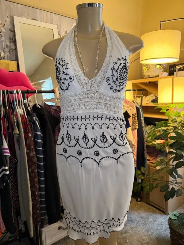 VTG Uluwatu Bali Handmade Lace Embroidered Halter Maxi Dres Size S Boho - Image 2