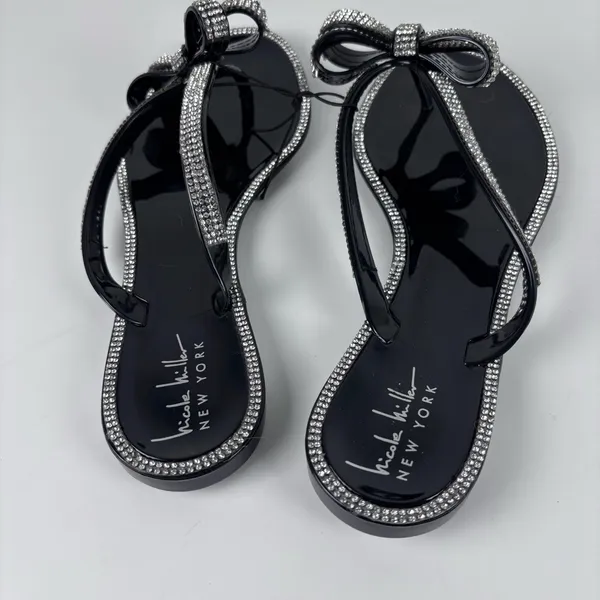 Nicole Miller New York Black Jelly Sandals Rhinestone Bow Bling Slide Size 8 - Image 2