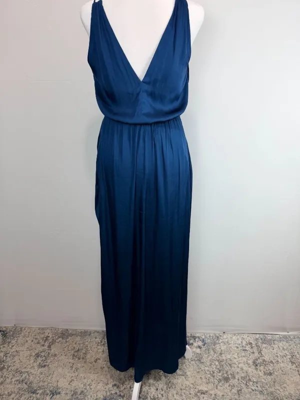 H&M dark teal satin maxi dress minimalist slip with slit and open back vibe 2 - Image 2