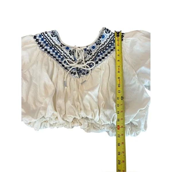 Free People Joni Top Boho Embroidered Puff Sleeve Cropped White Blue Women Small - Image 7