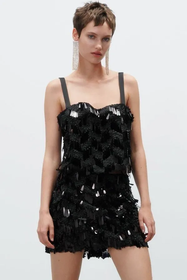 Zara Sequin Cropped Camisole Top Black Size S New - Image 7