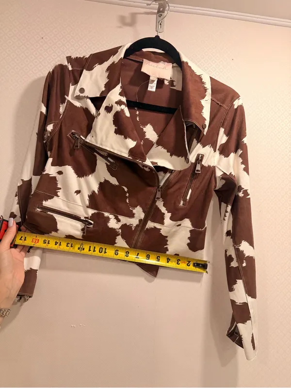 Hutch Brown & White Cow Print Vegan Suede Leather Moto Jacket Size XS - Image 6