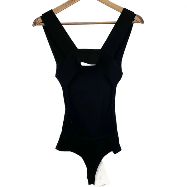 Olivaceous Size S Ribbed Bodysuit Square Neck Cutout Back Thong‎ Black Stretchy - Image 3