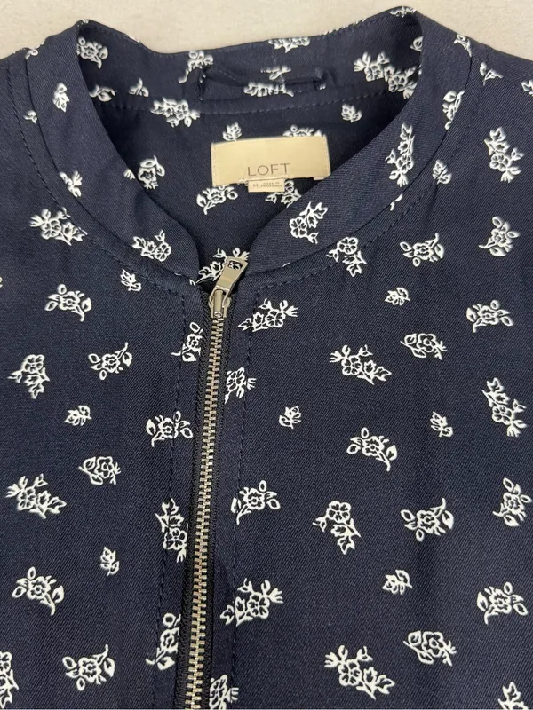 LOFT Navy Floral Zip Front Peplum Jacket Blouse Tie Waist Lined Medium - Image 2