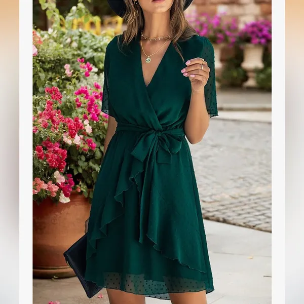 Boutique Brand Faux Wraps Neck Ruffle Swing Dress in Dark Green Size Medium - Image 4