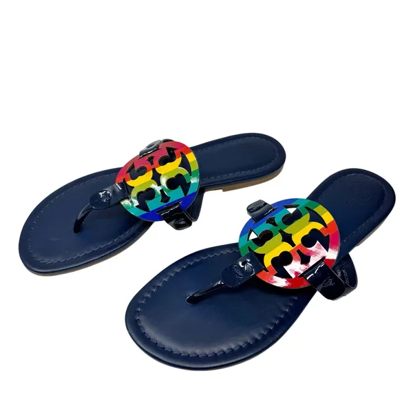 Tory Burch Rainbow Pride Miller Sandals Navy Blue Leather Thong Flat Slides 7M - Image 3