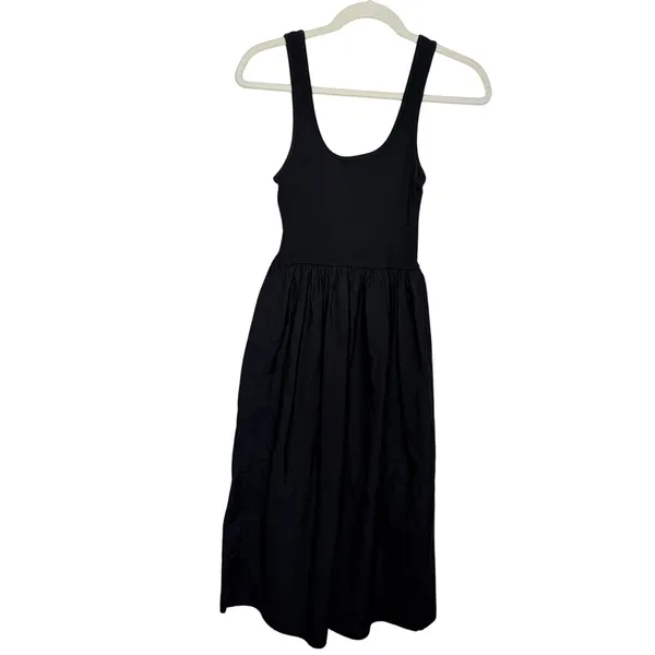 Zara Black Mixed Media Ribbed Cotton Poplin Tank Midi Dress Small - Image 2