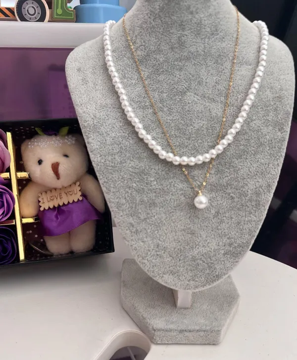 Double Pearl Collar Chain Necklace Gold - Image 3