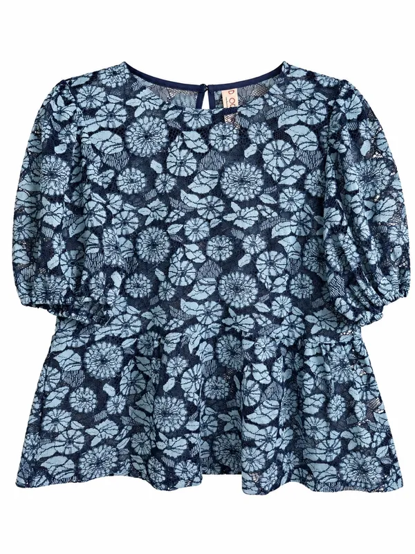 NWOT Dolan Anthropologie Blue Floral Lace Peplum Puff Sleeve Blouse - Image 2