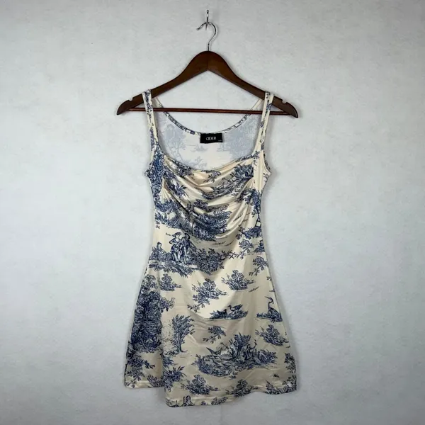 Cider Toile De Jouy Mini Dress Womens XXS Blue Cream Cowl Bodycon Cottagecore - Image 5