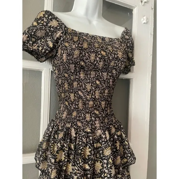 Muche et Muchette Black Gold Floral Smocked High-Low Tiered Ruffle Maxi Dress‎ - Image 4