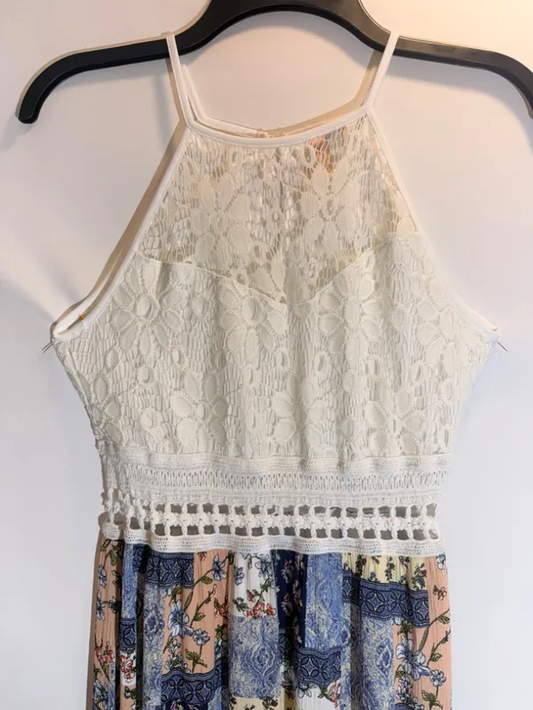 Boho Patchwork Floral Lace Halter Tie Waist Flowy Maxi Dress Size M - Image 3