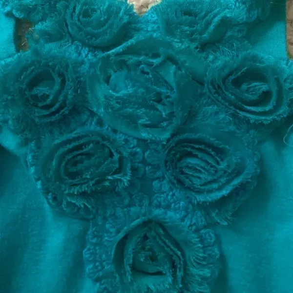 Celebrity Pink turquoise green halter top/dress. Handmade flowers . Size Large. - Image 3
