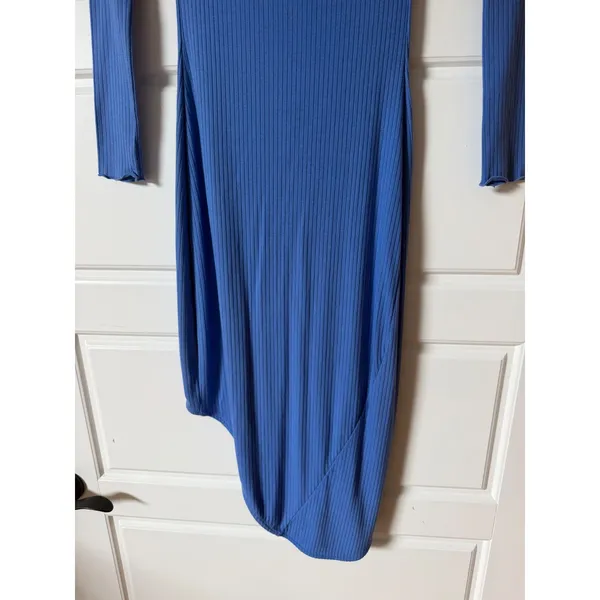 Indah Body Blue Raquel Ribbed Off Shoulder Asymmetric Midi Dress Small Y2K - Image 7