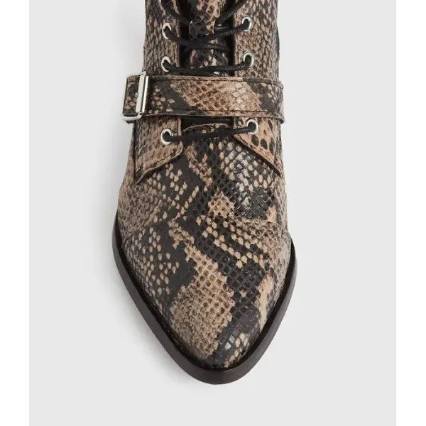 AllSaints Katy Snakeskin Leather Buckle Boots Brown Black Pointed Toe Size‎ 40 - Image 2