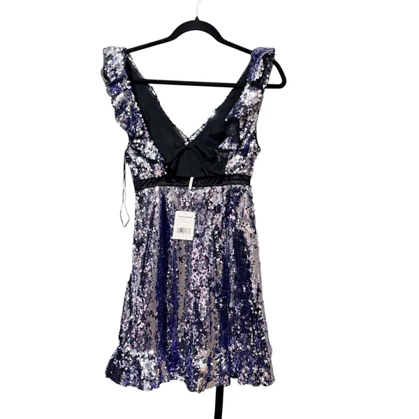Free People Silver Blue Sequin Mini Dress V-Neck Open Back Ruffle Size 0 NEW - Image 4